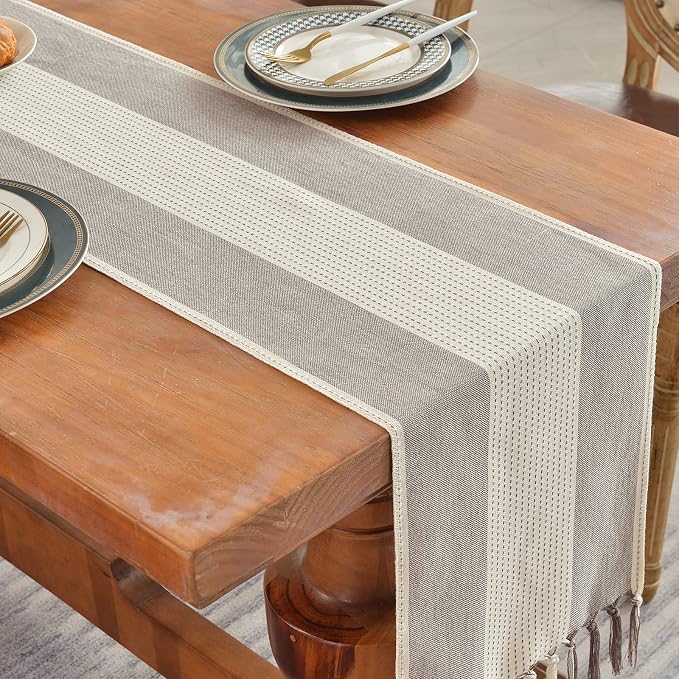 Wracra Linen Table Runner, Stripe Table Runners 72 Inches Long Coffee | - Image 6