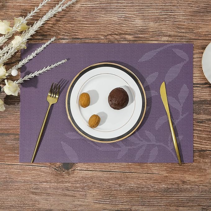 SHACOS Woven Vinyl Placemats Set of 4 Purple Leaf Pattern Place Mats Wipe Clean - Image 4