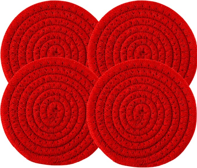 4PCS Red Cotton Round Woven Coasters Drink Handmade Braided Cup Coasters by KillersInstinctOutdoors