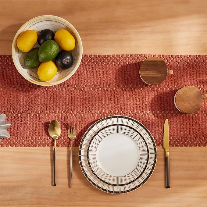 Macrame Style Boho Table Runner, 12x108 Inch Rust | Woven Boho Table Runner - Image 4