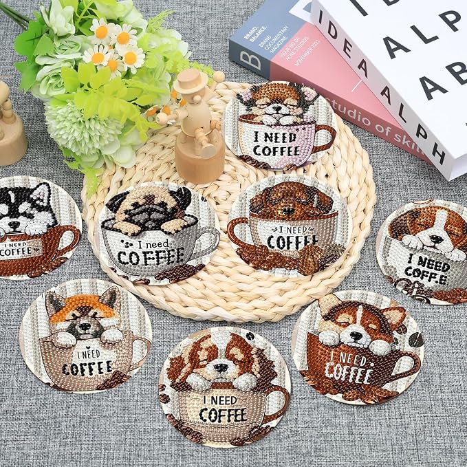 Ekuxom 8 Pcs Coffee Dog Diamond Art Coasters Kits - Image 5