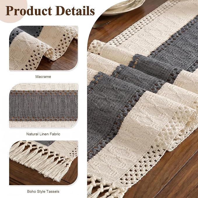 Boho Macrame Table Runner with Tassels 48in Grey Farmhouse Runner | Macrame - Image 6