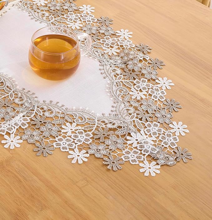 White Beige Floral Lace Table Runner Dresser Scarf | Floral Lace Border - Image 6