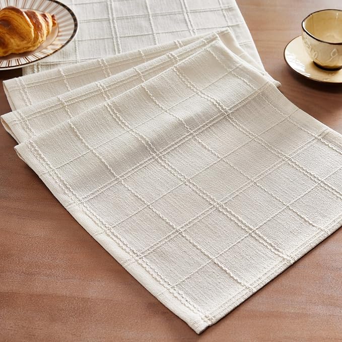 Linen Checked Farmhouse Table Runner, 13x36 Inches Ivory | Raised Grid Design by ZEEMARTONLINE