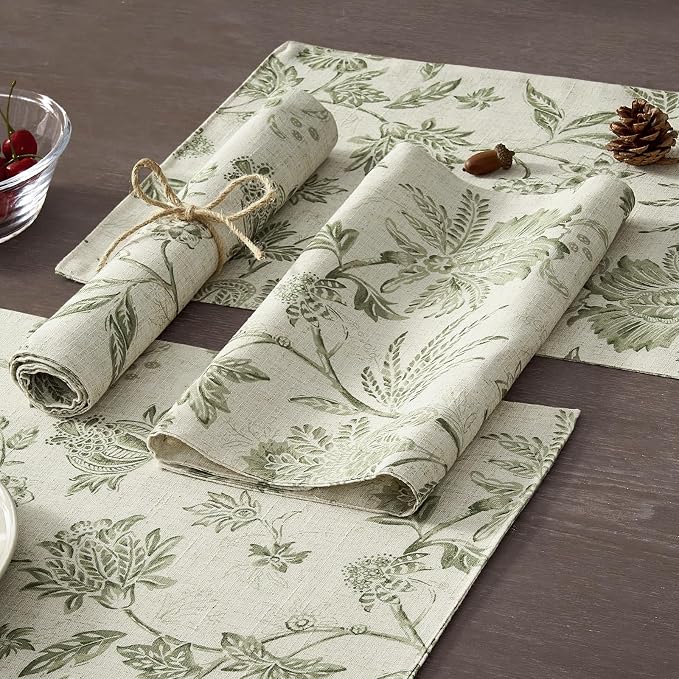 JINCHAN Sliva Linen Floral Placemats Set of 4 Farmhouse 13x19 Sage Green | - Image 4