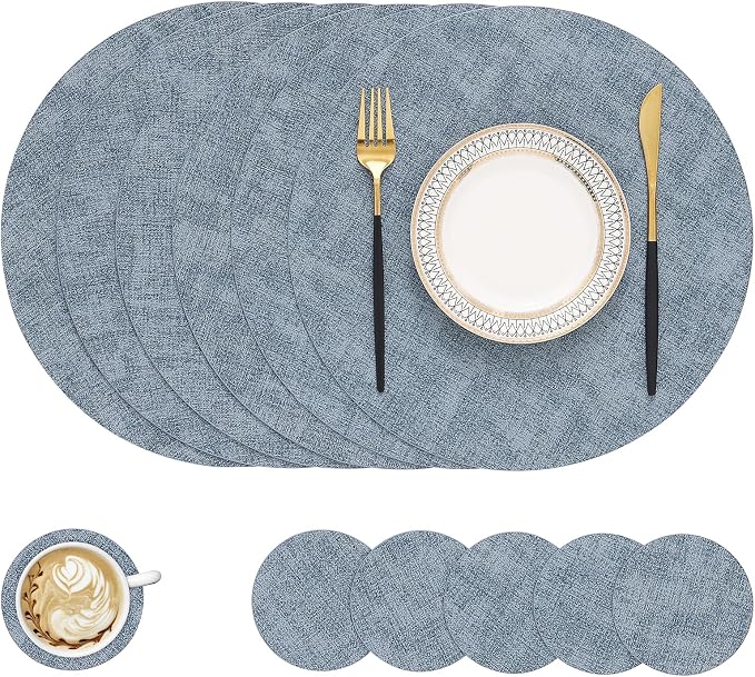 Round Faux Leather Placemat and Coaster 6 Packs, Washable Heat Resistant Dining by homing