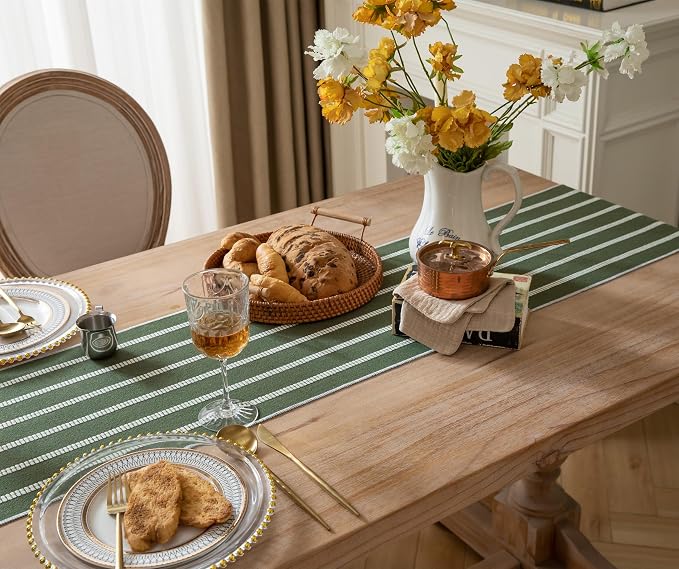 Caflife Boho Table Runner 108 Inchs Long Green, Cotton and Linen Woven - Image 3