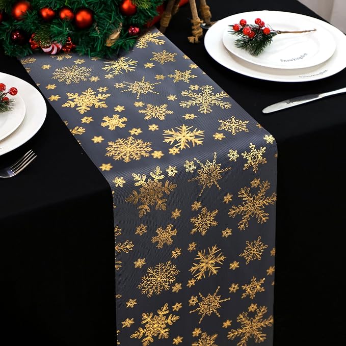 Snowkingdom 2PCS Gold Christmas Snowflake Glitter Table Runner 108 Inch | by Snowkingdom