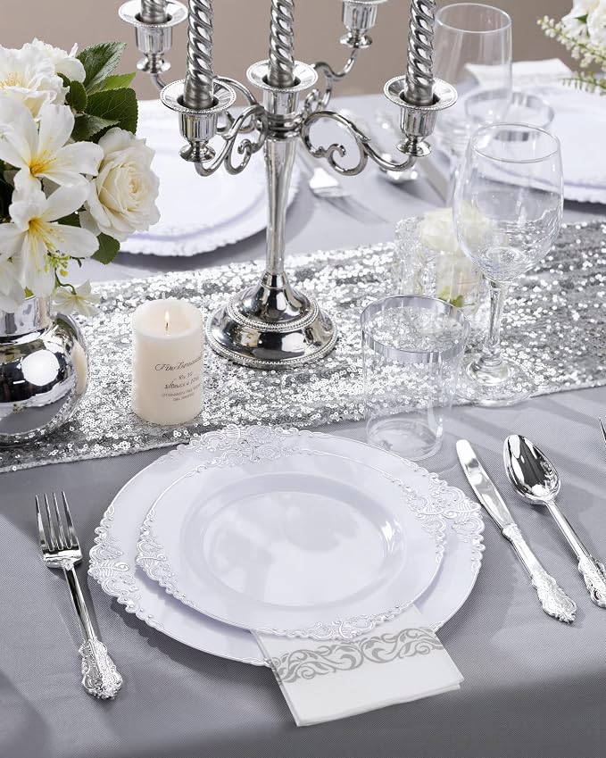 Nervure 350Pcs Silver Plastic Plates, Plastic Dinnerware Set - Image 2