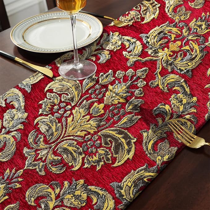 Exquisite Red Table Runner Large 108 Inch Vintage European Floral Chenille | - Image 5