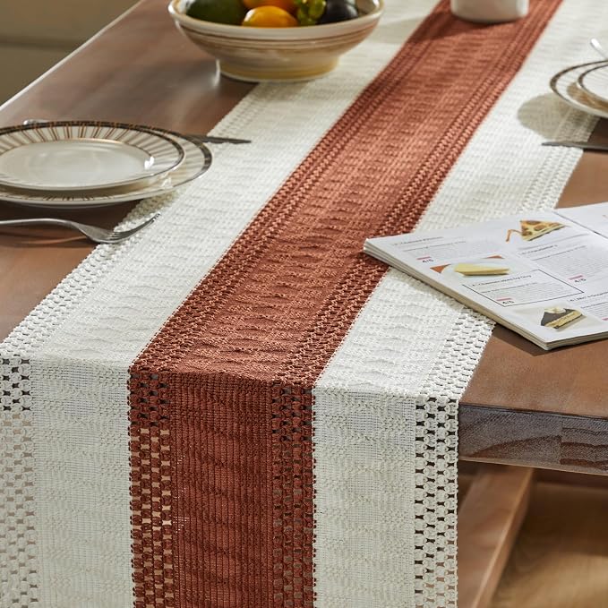 Macrame Style Bicolor Stitching Table Runner 14x108in Terracota | Woven Boho - Image 5