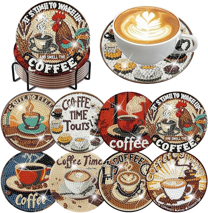 Ekuxom 8 PCS Coffee Diamond Art Coasters Kits by Ekuxom