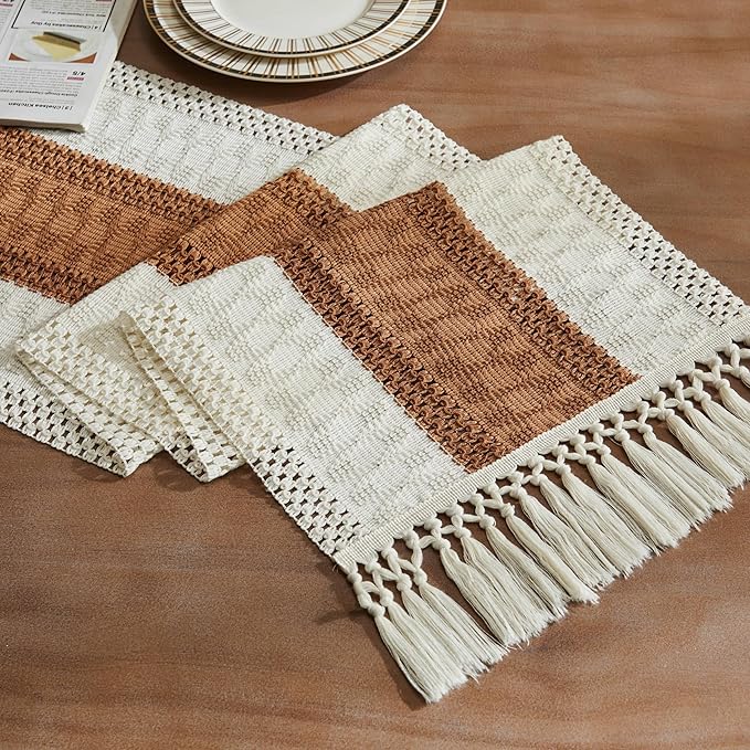 Macrame Style Bicolor Stitching Table Runner 14x90in Caramel | Woven Boho Table by ZEEMARTONLINE