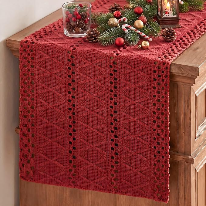 Artoid Mode Rose Red Woven Farmhouse Hollow Table Runner 12x108 Inch | Holiday by ArtoidMode