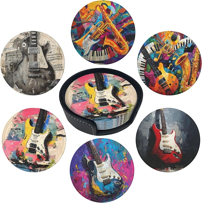 Musical Coasters Leather Round Drink Coasters 6 Pcs Set by Yopiiefa