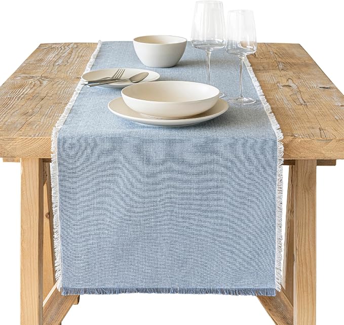 Over&Back 18x90 Woven Frayed Chambray Cotton Table Runner by overback