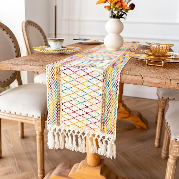 EMMTEEY Macrame Table Runner Boho Style 72 Inches Long, Hexagonal Colorful | - Image 6