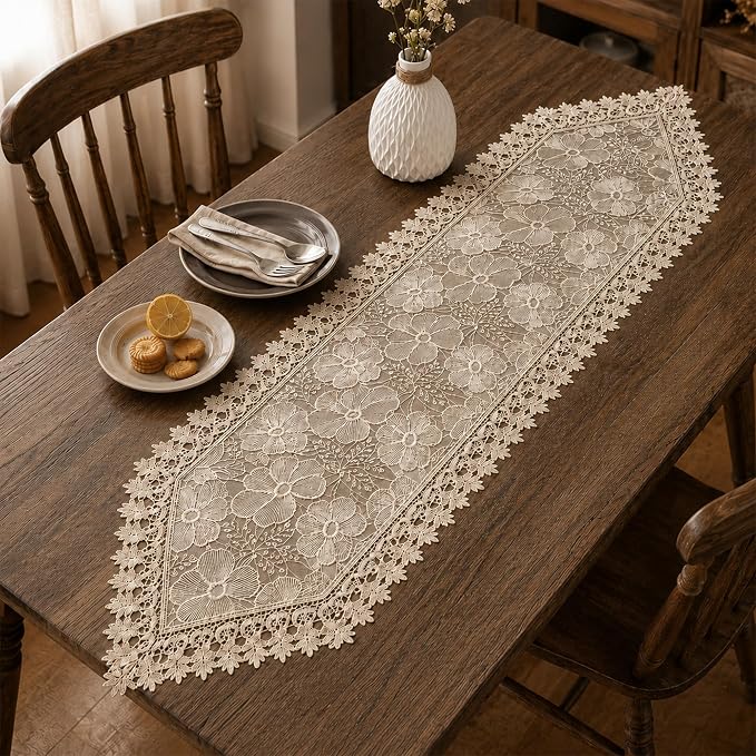 SIOLOC 2 Pack Champagne Lace Runner 14x48, Floral Embroidered | Matching - Image 2