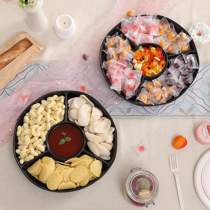 Chip & Dip Serving Tray Set, 4 Sectional Round Melamine Serving Platter - Image 3