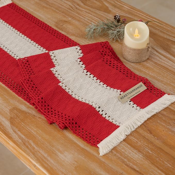 Keketoarrange Christmas Red Boho Table Runner 12x60 Inch | Woven Burlap by KEKETOARRANGE