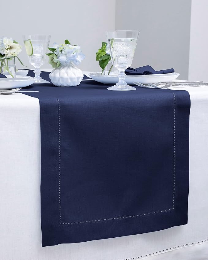 Solino Home 100% Pure Linen Table Runner Navy, Classic Hemstitch 14 x 48 in | - Image 2
