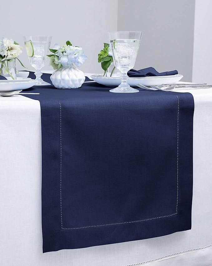 Solino Home 100% Pure Linen Table Runner Navy, Classic Hemstitch 14 x 90 in | - Image 2