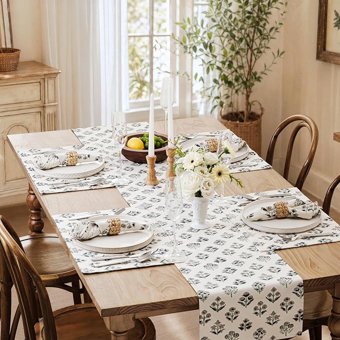 Block Print Floral Decorative Table Runners, 13x90 Inch Grey | 100% Organic - Image 7