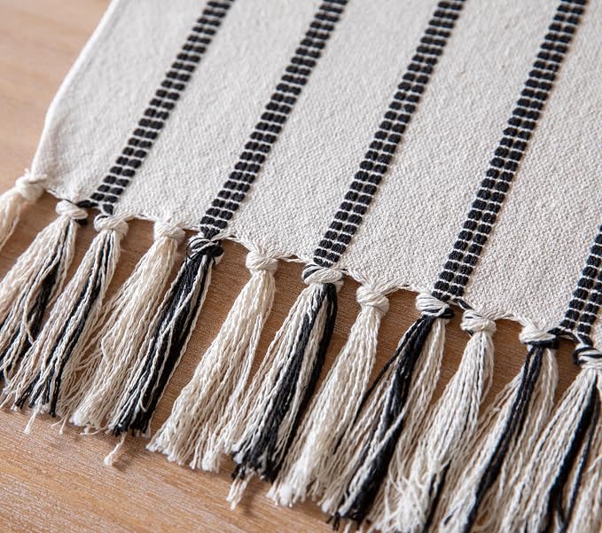 Caflife Boho Table Runner 90 Inchs Long Black and Beige, Cotton and Linen Woven - Image 4