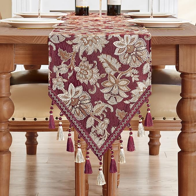Loom and Mill Vintage Jacquard Damask Table Runner 13x72 inch, Burgundy | by LoomandMill