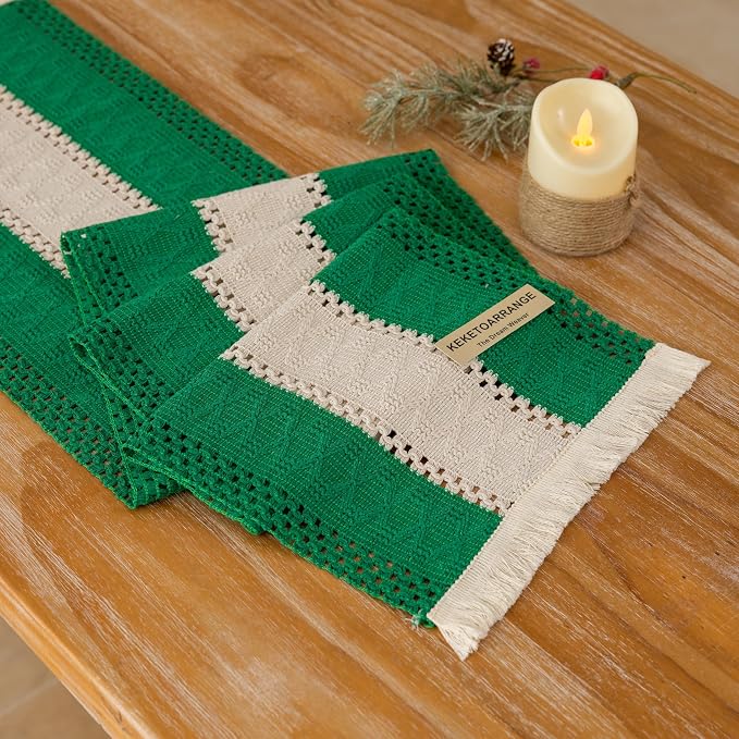 Keketoarrange Christmas Green Boho Table Runner 12x72 Inch | Woven Burlap by KEKETOARRANGE