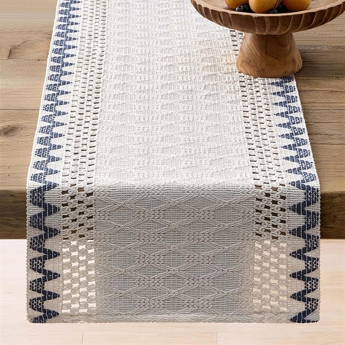 Macrame Side Trim Boho Woven Table Runner, Dusty Blue 12x36 Inch | Crochet - Image 6