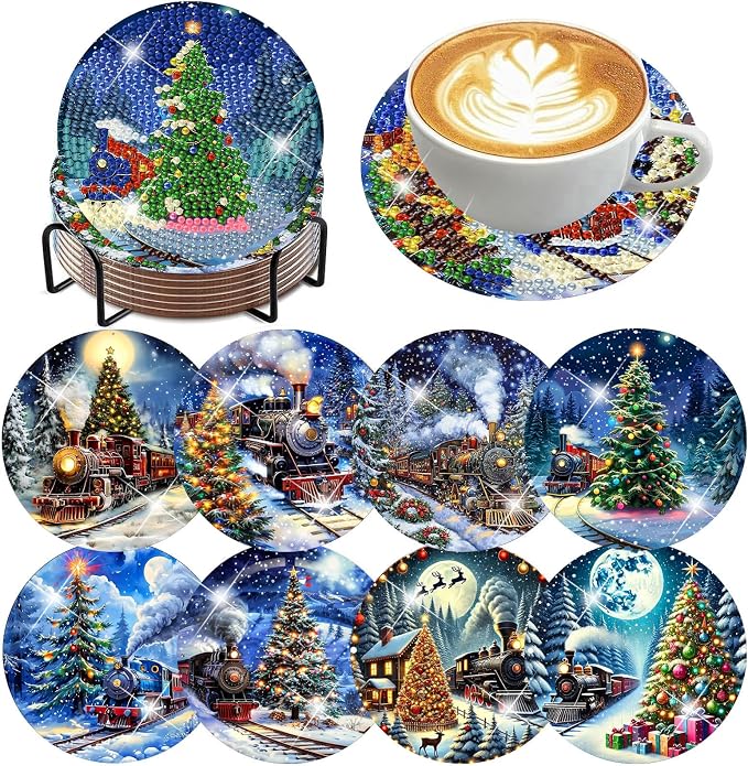 ijbnhd Christmas Train Diamond Art Coasters, 4x4 inch | Diamond Painting Kits by ijbnhd
