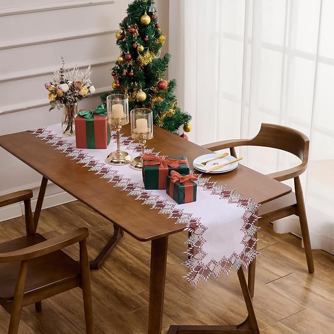 White Sheer Lace Table Runner Dark Red 54" Christmas Dresser Runners | - Image 4