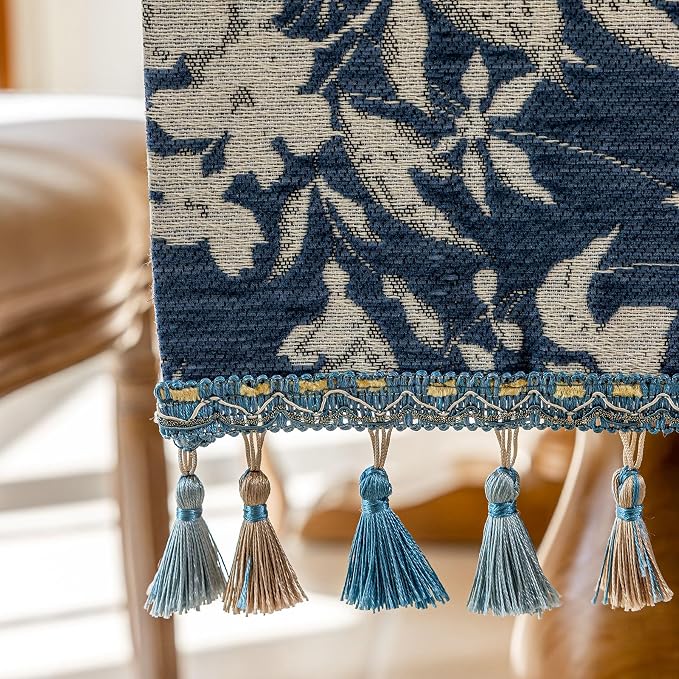 Floral Botanical Jacquard Small Table Runner Blue 13 x 48 Inch | Jacquard Flower - Image 8