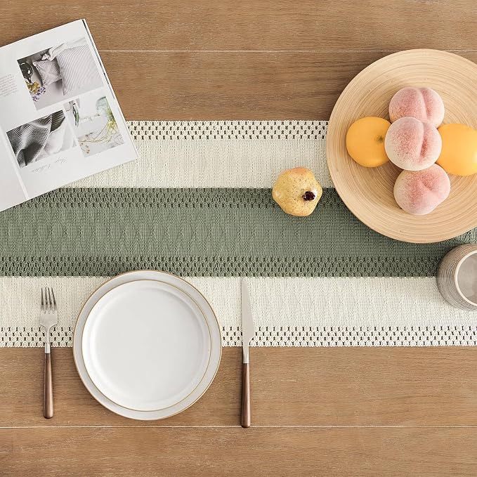 Macrame Style Bicolor Stitching Table Runner 14x108in Green | Woven Boho Table - Image 4