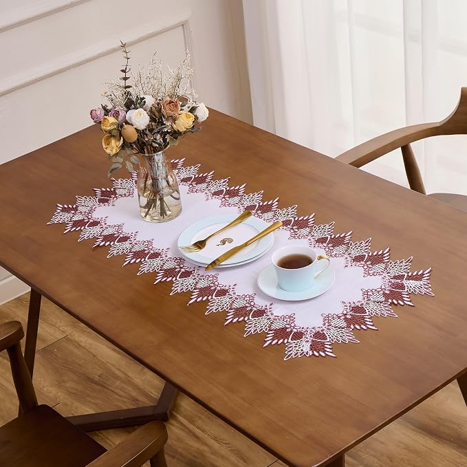 White Dark Red Linen Lace Table Runner 72 inches Dresser Scarf | White Sheer - Image 4
