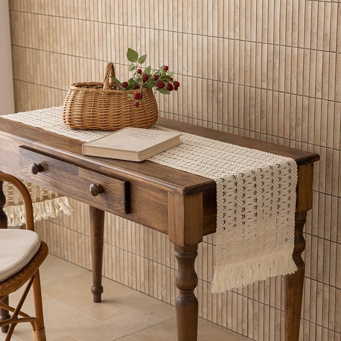 Keketoarrange Boho Macrame Table Runner 12x60 Inch | Woven Burlap Rustic Runner - Image 3