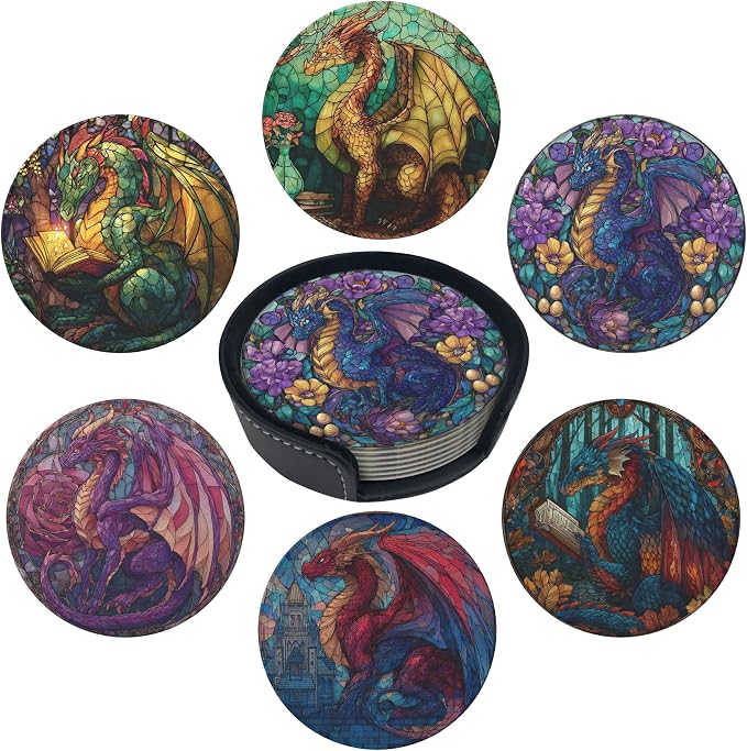 Dragon Coasters Leather Round Drink Coasters 6 Pcs Set by Yopiiefa