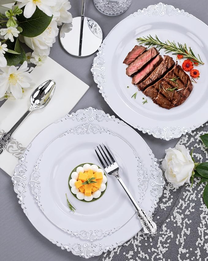 Nervure 350Pcs Silver Plastic Plates, Plastic Dinnerware Set - Image 4