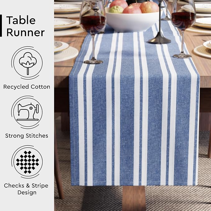 Encasa XO Table Runner, Woven Cotton Dining Runner 13"x48" Franca Blue Stripes - Image 3