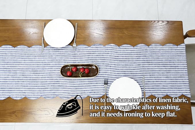 100% Natural Linen Rustic Scalloped Embroidery Table Runner 36 Inches, Linen - Image 3