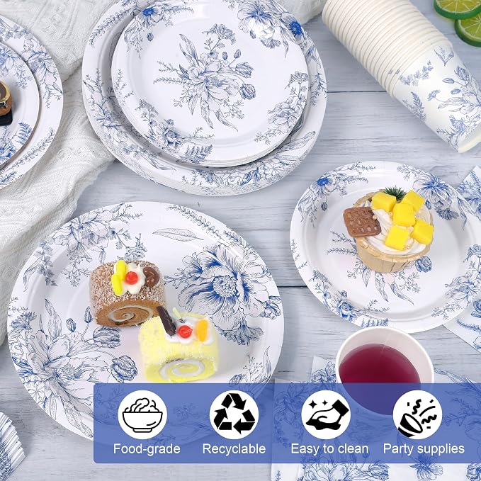 Kochorie 96 Piece Blue and White Floral Disposable Party Supplies Elegant - Image 4