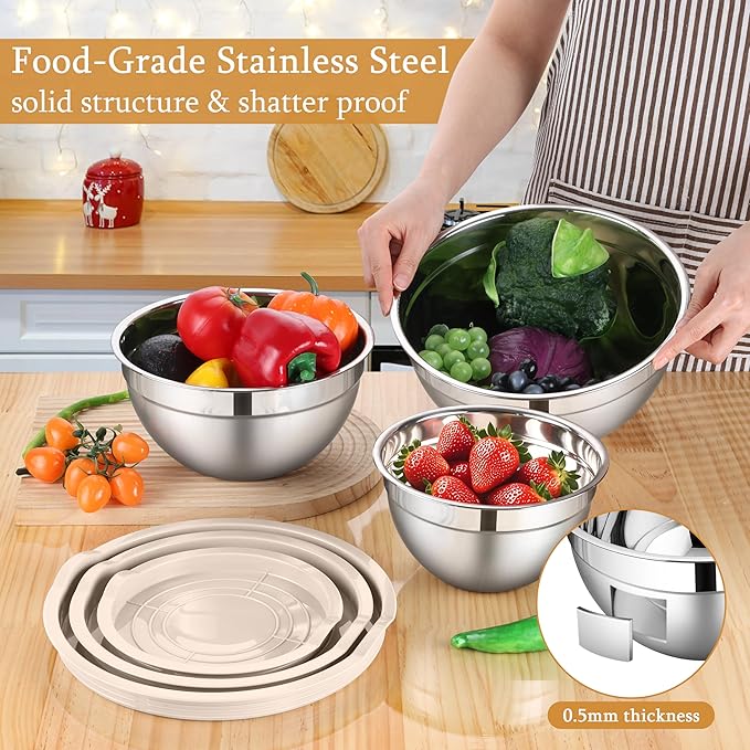 LIANYU Mixing Bowls with Lids Set, 3 Packs Stainless Steel Metal Bowls | Ideal - Image 3