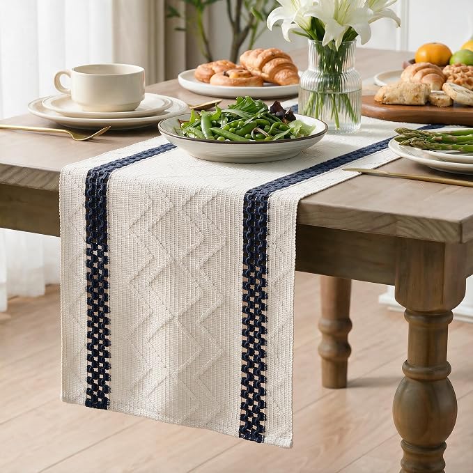 Artoid Mode Dark Blue Stripe Woven Rustic Table Runner 12x108 Inch | Holiday - Image 3