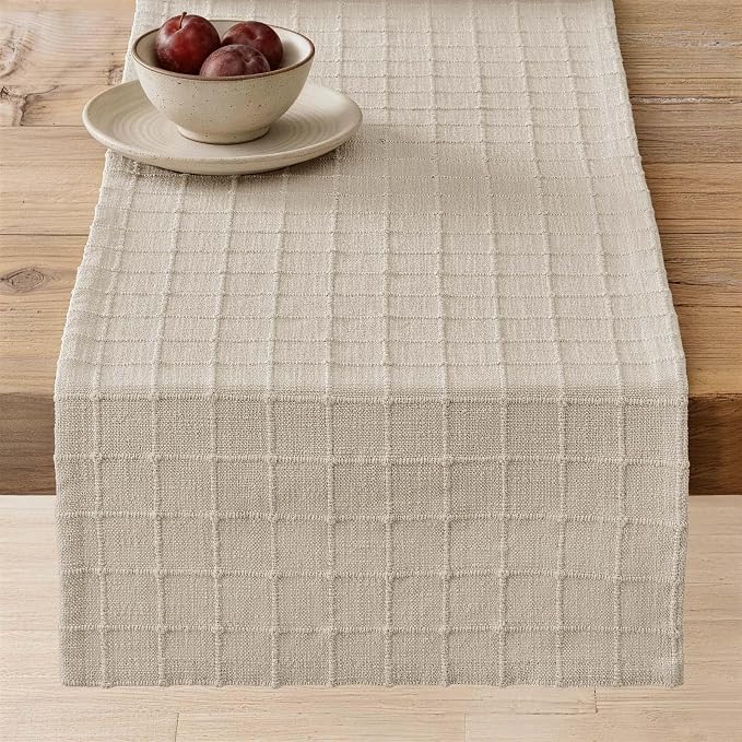 Artisanal Grid Linen Table Runner, 13x90 Inches Neutral Beige | Heavy Textured by ZEEMARTONLINE
