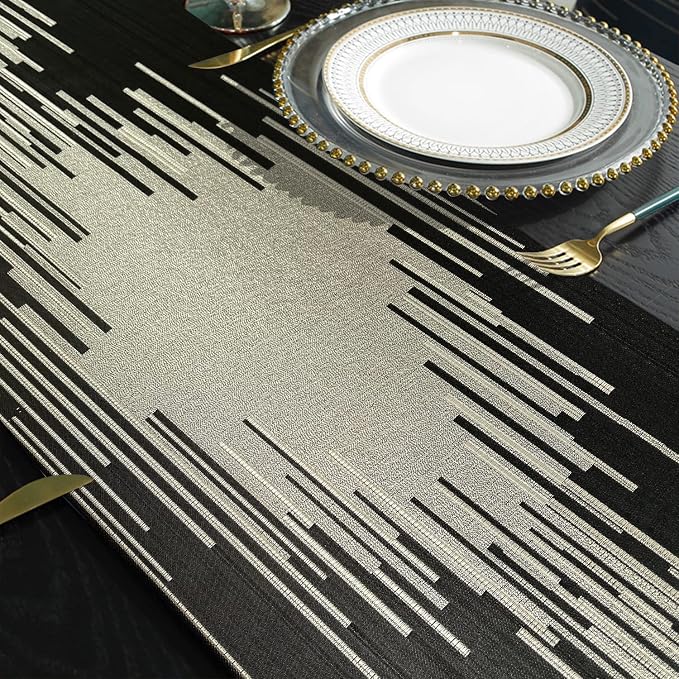 Elegant Black Table Runner, Modern Abstract Geometric, Tassels | Table Runners - Image 5