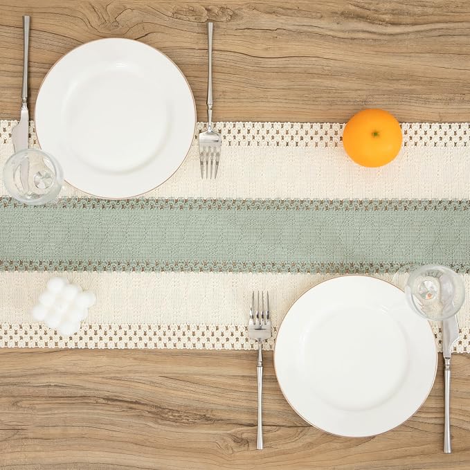 Boho Green Table Runner, 12x108 Inches | Tassels, Summer Farmhouse, Woven - Image 2