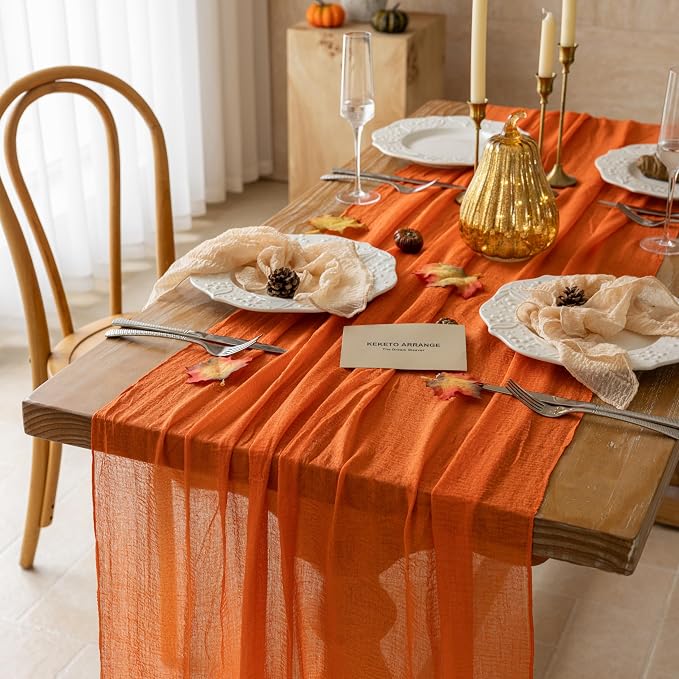 Orange Fall Table Runner Cheesecloth 120 Inch Thanksgiving Home Decorations | - Image 2