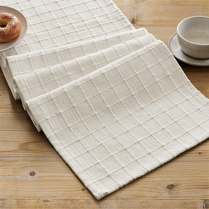 Artisanal Grid Linen Table Runner, 13x36 Inches Ivory | Heavy Textured - Image 2