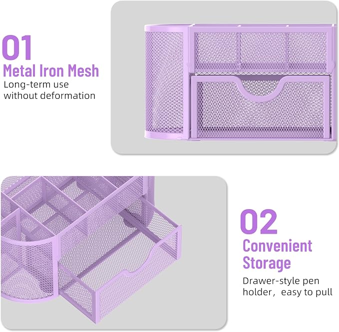 Mesh Desk Organizer with Drawer, 9-Compartment Pen Holder - Image 5